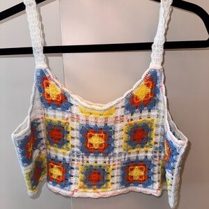 Crochet Square Pattern Knit Crop Tank Top - White Multi
